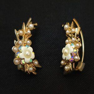 Floral Embellished Hoop Earrings with Pearls and Crystals